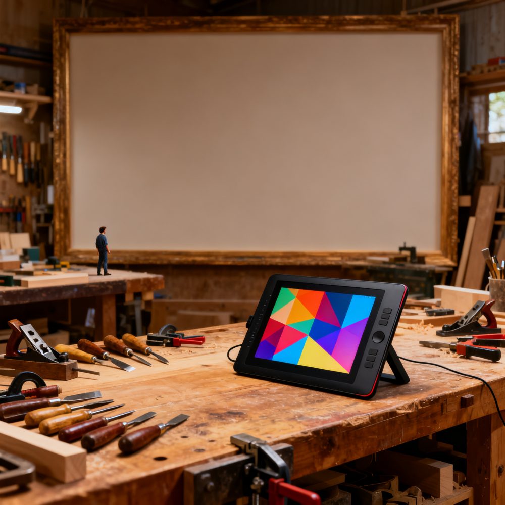 Mesa de carpintaria com ferramentas e tablet gráfico colorido em oficina artesanal