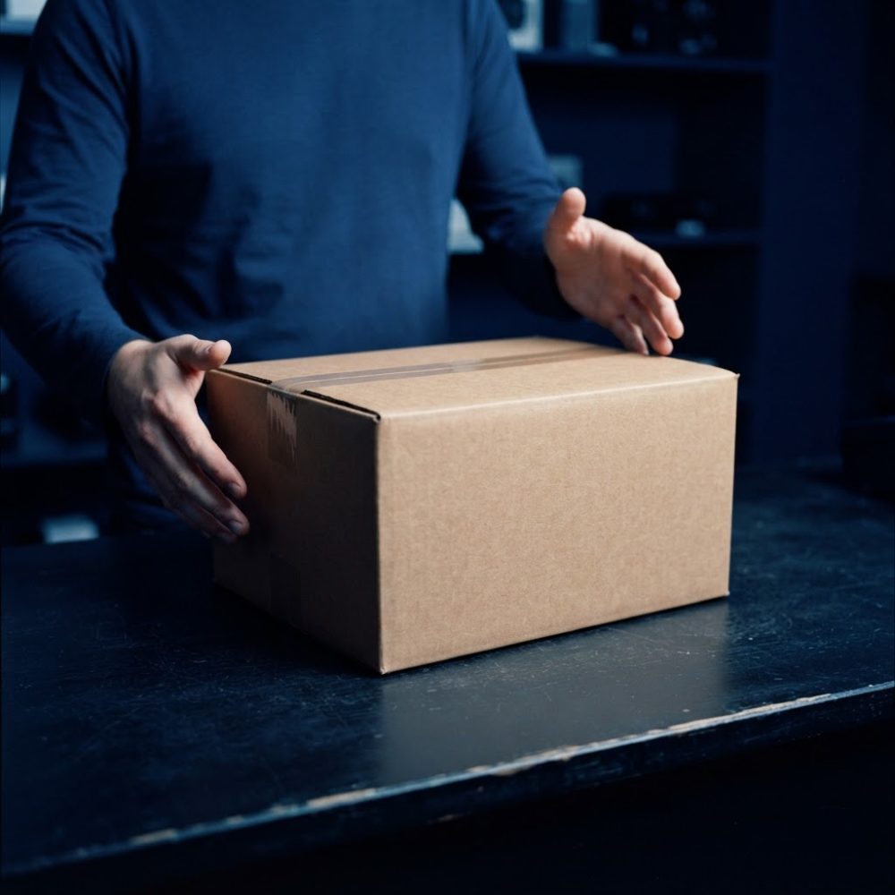 Caixa de cartão castanha pronta para envio numa mesa preta com mãos ao redor
