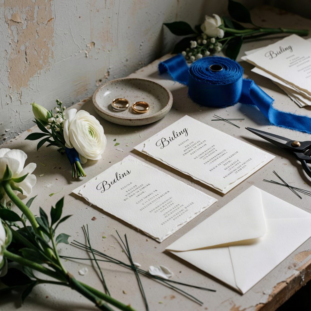 Convites de casamento com flores brancas, fita azul e alianças douradas sobre mesa rústica