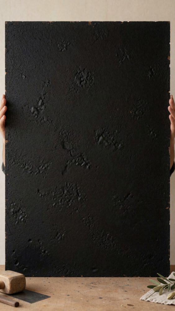 Painel negro texturado segurado por mãos sobre mesa de madeira clara