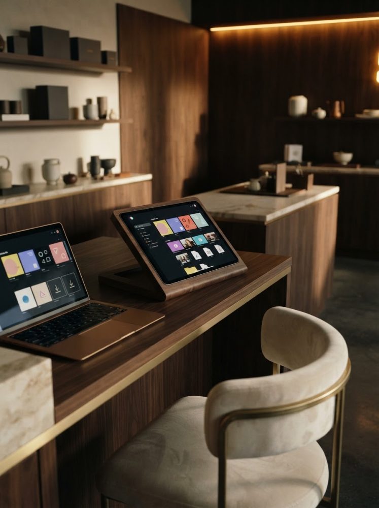 Portátil e tablet sobre mesa de madeira num ambiente de trabalho moderno com iluminação quente