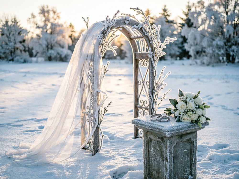 Arco com véu, bouquet branco e alianças sobre pedestal em neve ao pôr do sol