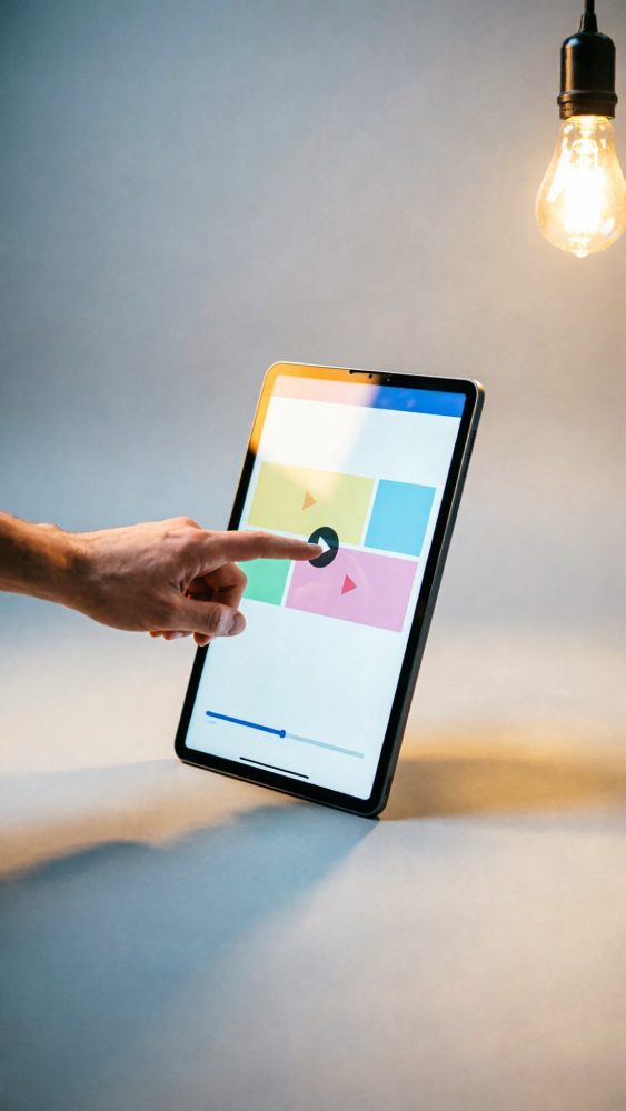 Mão a tocar ecrã de tablet com ícones de reprodução de vídeo coloridos e lâmpada incandescente visível ao lado