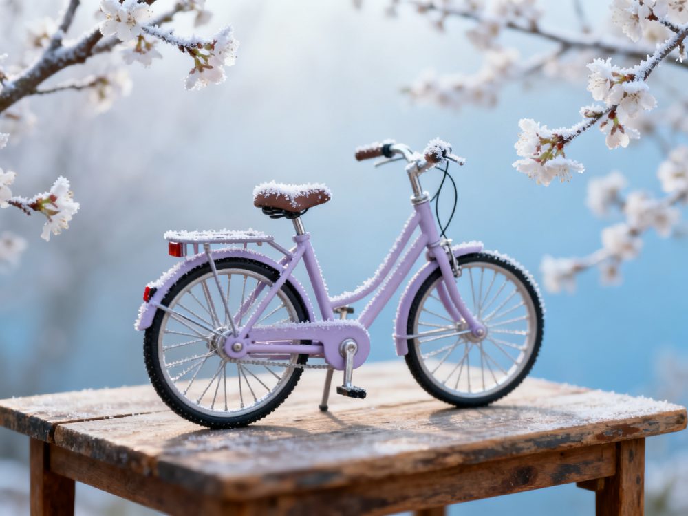 Bicicleta lilás pequena com neve sobre mesa de madeira e ramos floridos nevados ao redor
