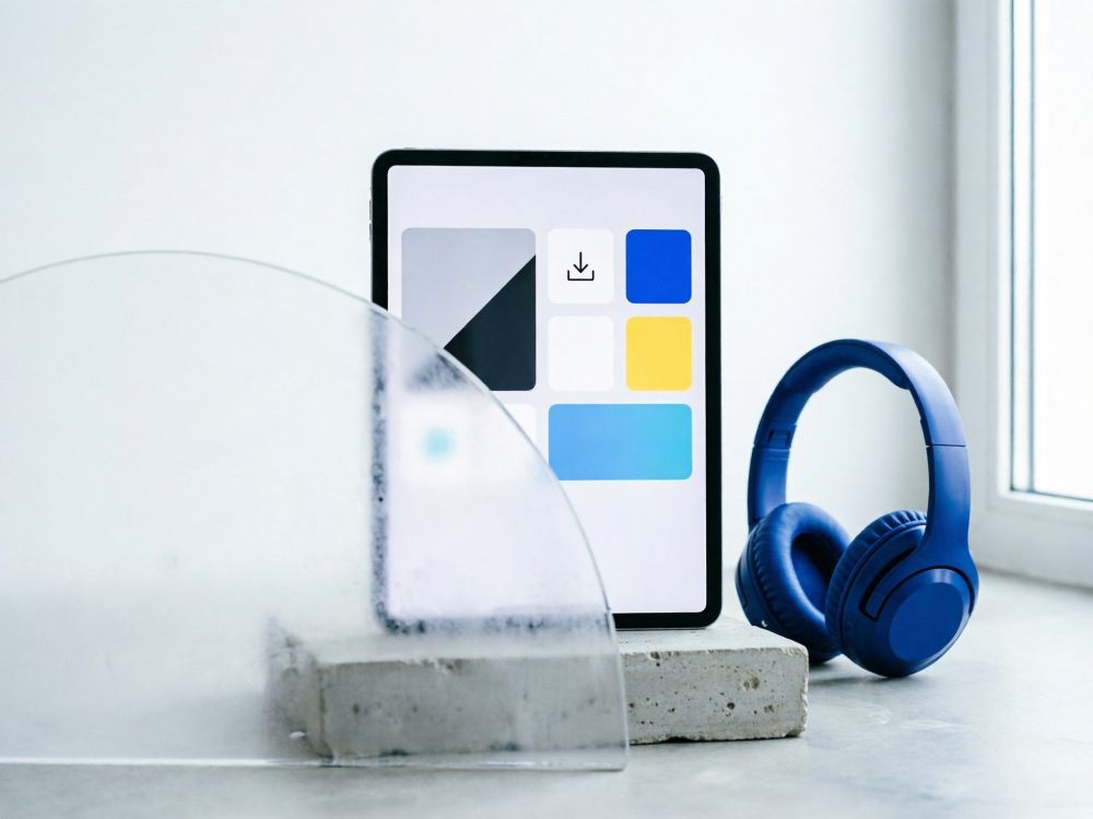 Tablet com interface gráfica colorida e auscultadores azuis ao lado sobre base clara e janela ao fundo