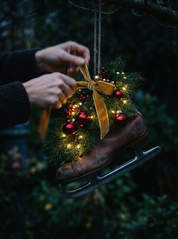 Bota de gelo decorada com ramos de pinheiro, bolas natalícias vermelhas e douradas e luzes LED