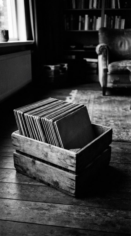 Caixa de madeira com discos vinil antigos numa sala vintage com poltrona e estante de livros