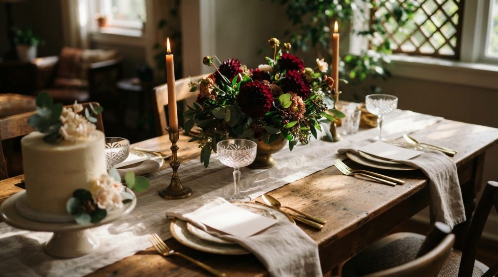 Mesa rústica decorada para casamento com bolo branco, flores vermelhas, velas acesas e talheres dourados
