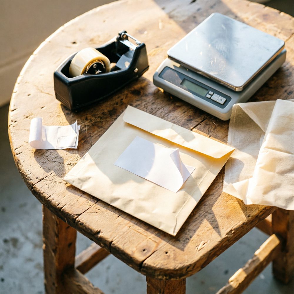 Material para embalagem e envio sobre mesa de madeira com balança, fita adesiva e envelope