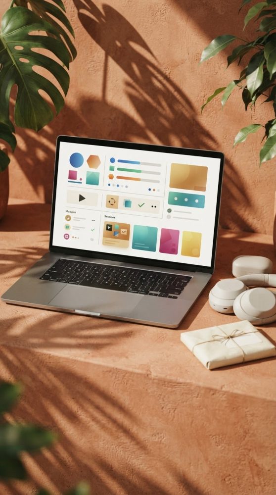 Portátil com interface digital colorida, auscultadores brancos e plantas verdes em fundo terra