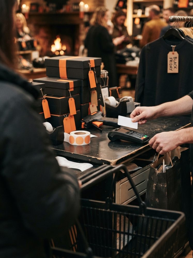 Cliente a realizar pagamento com cartão numa loja com caixas e etiquetas de Black Friday no balcão