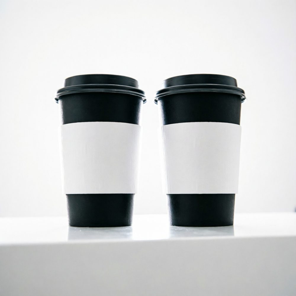 Duas chávenas pretas de café descartável com etiquetas brancas num fundo claro
