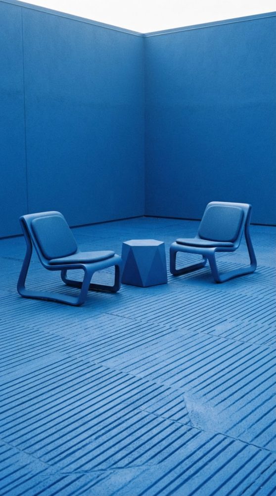 Duas cadeiras azuis modernas e uma mesa azul geométrica num espaço minimalista azul