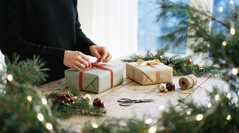 Pessoa a embrulhar prendas de Natal numa mesa com decoração verde e bolas coloridas