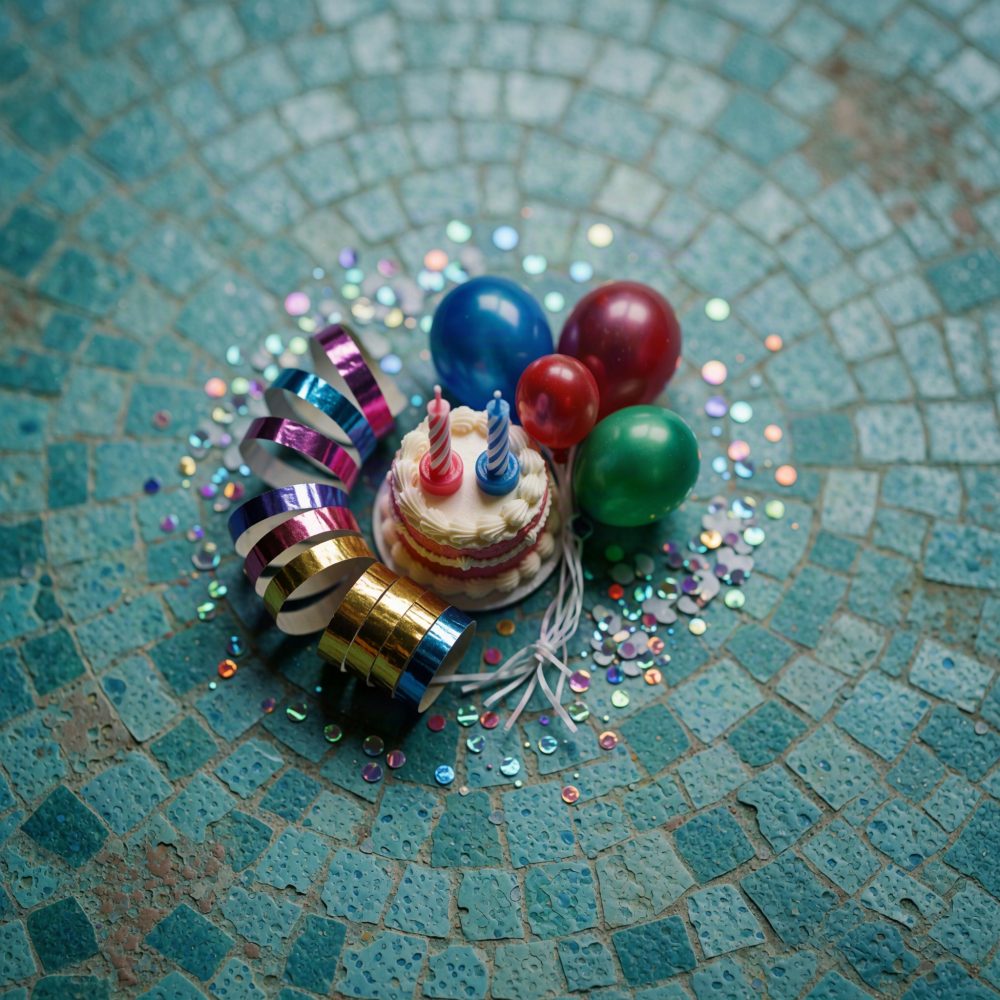 Mini bolo com velas, balões coloridos, fitas metálicas e confetis no chão azul