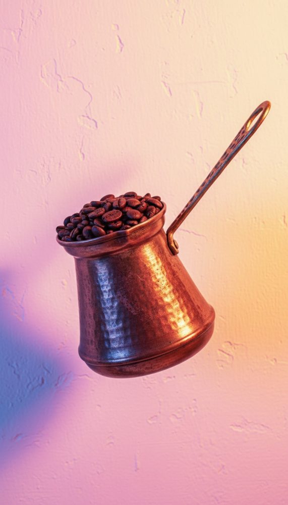 Utensílio em cobre martelado cheio de grãos de café torrados sobre fundo claro com tons rosa e amarelo