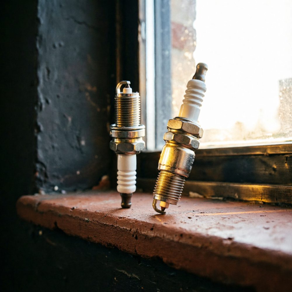Duas velas de ignição automóveis sobre parapeito perto de janela com luz natural