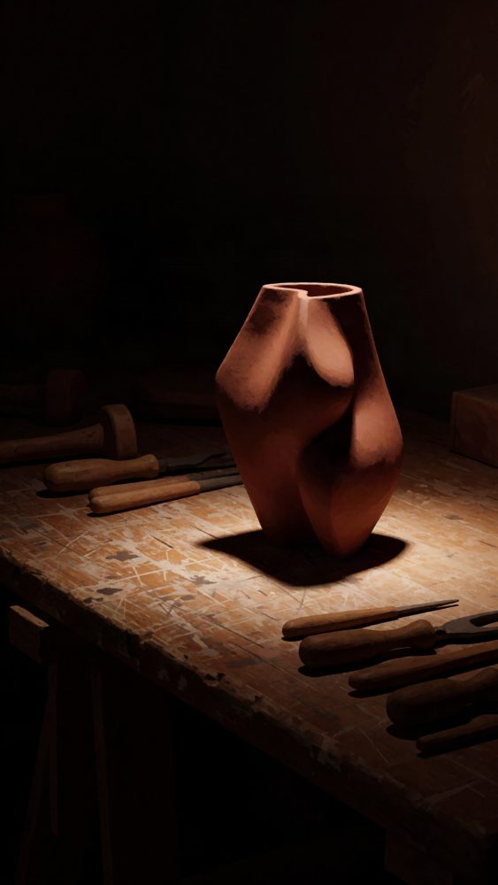 Escultura abstrata de argila em forma orgânica em mesa de madeira com ferramentas ao redor