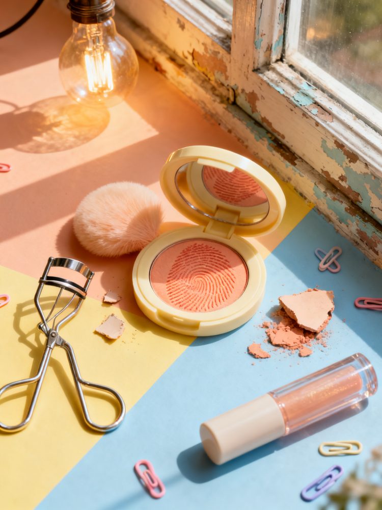 Blush com textura, curvador de pestanas e gloss sobre superfície colorida iluminados por luz natural