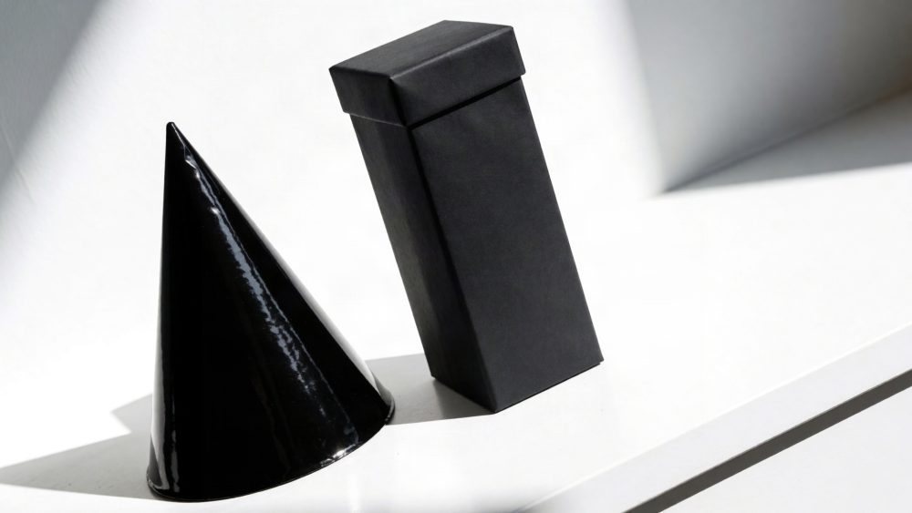 Chapéu cónico preto brilhante e caixa preta sobre superfície branca