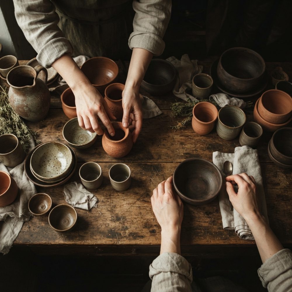 Mesa rústica com (cerâmica artesanal) e mãos a organizar objetos de barro