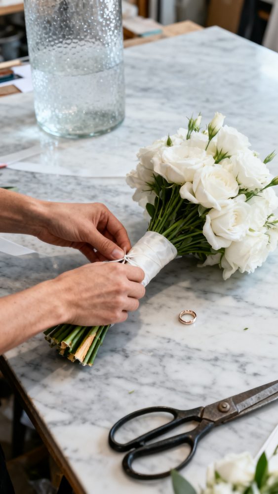 Mãos a preparar bouquet de flores brancas com fita numa mesa de mármore com tesoura e anel dourado.