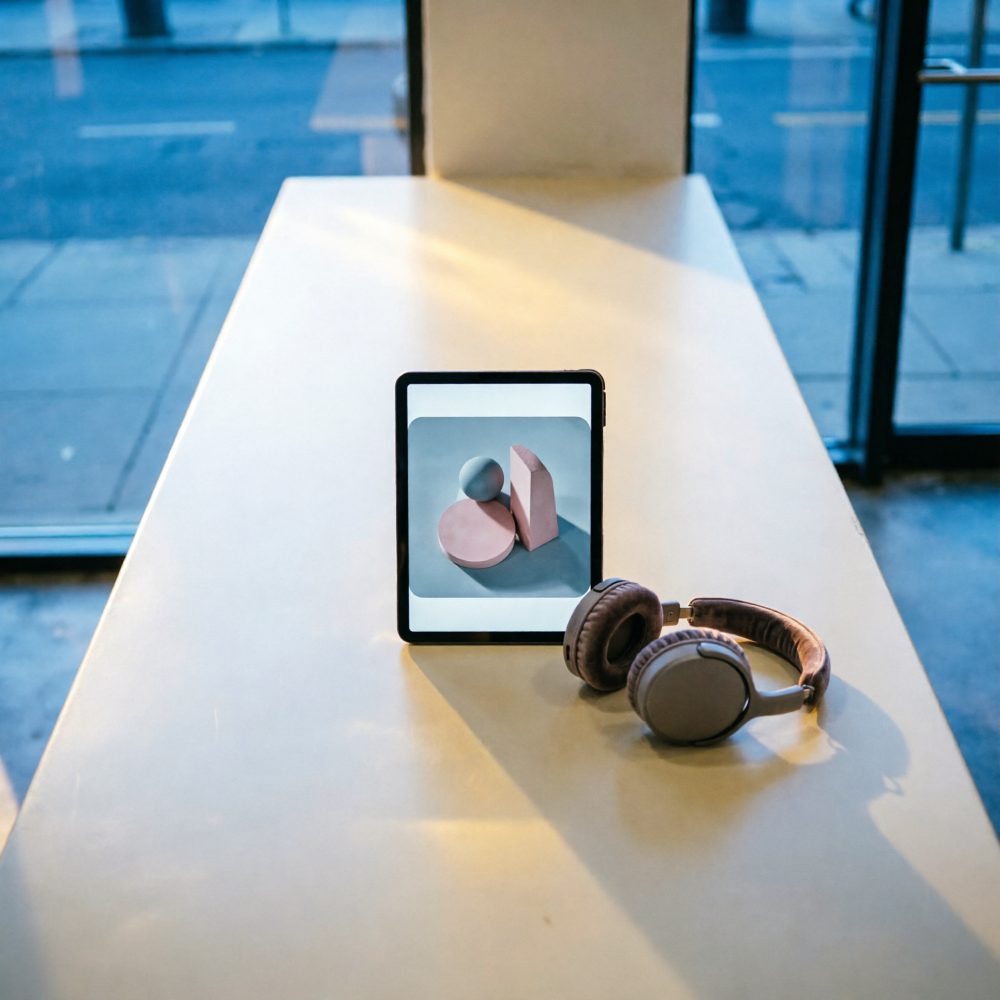 Tablet a mostrar formas geométricas ao lado de auscultadores castanhos numa mesa clara