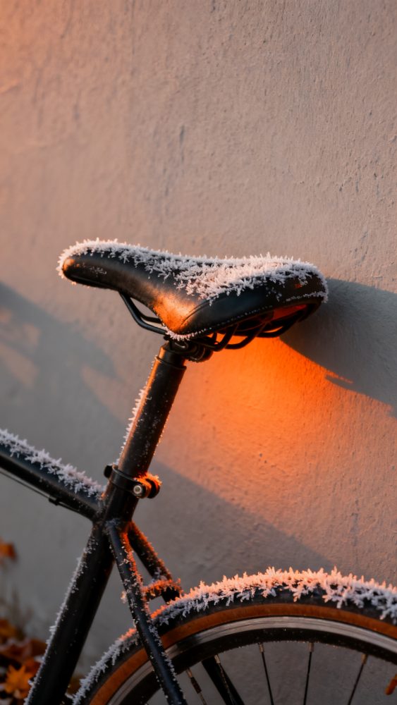 Sela de bicicleta e quadro com geada sob luz do sol nascente