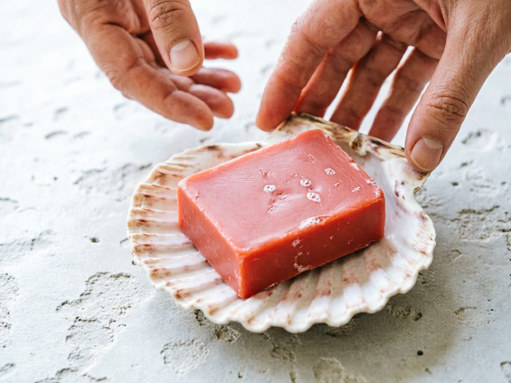 Sabonete vermelho retangular numa concha natural com mãos próximas numa superfície clara