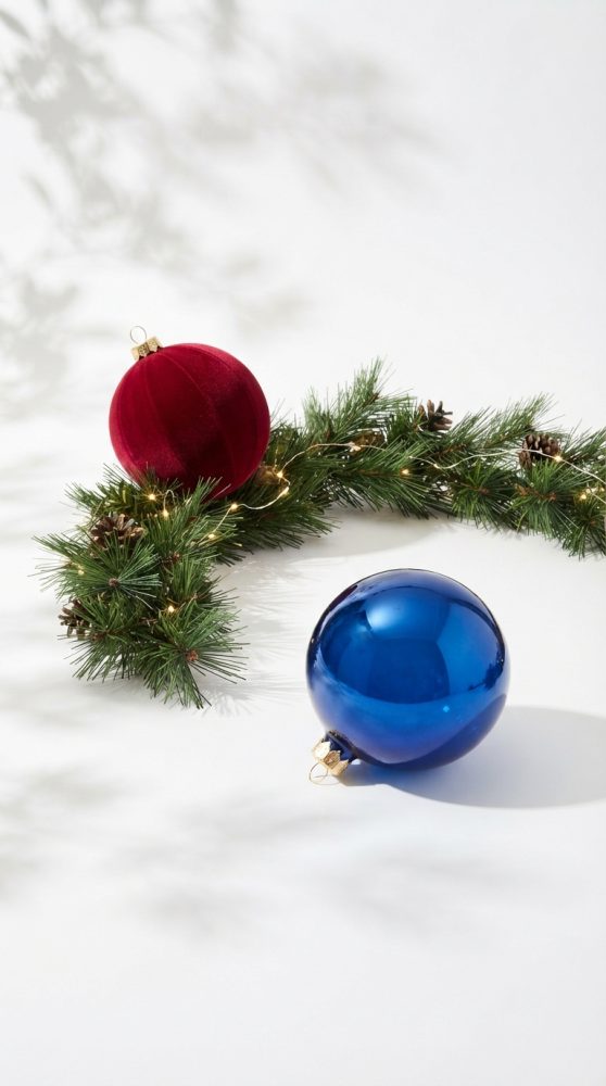Bolas de Natal vermelha e azul brilhante com raminho de pinheiro e luzes LED