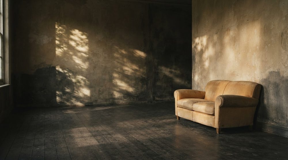 Sofá castanho claro numa sala rústica com luz natural e sombras nas paredes