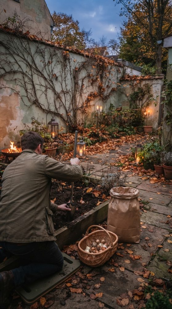 Homem a plantar bulbos num canteiro num jardim outonal com folhas caídas e lanternas acesas