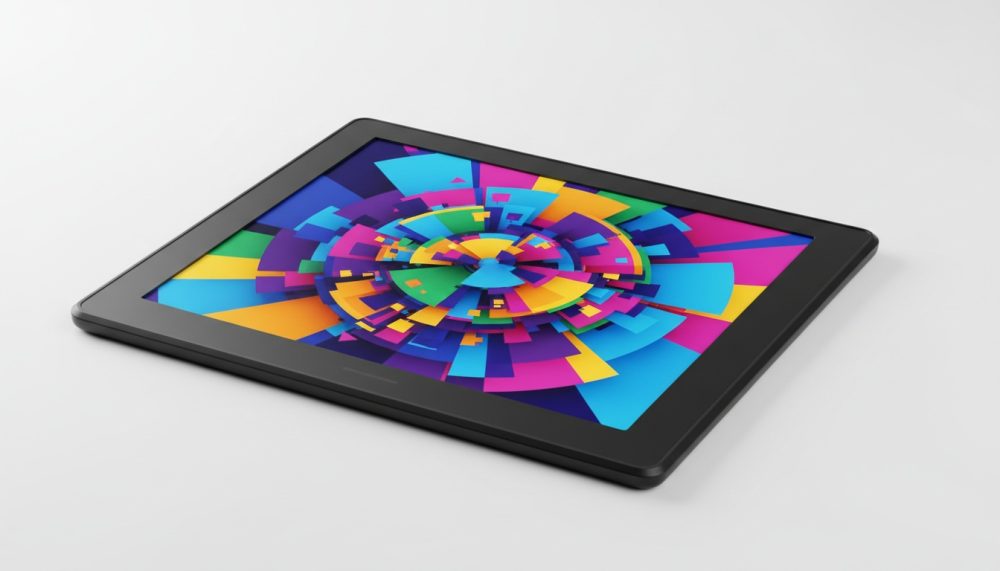 Tablet preto inclinado com ecrã colorido e padrão digital geométrico