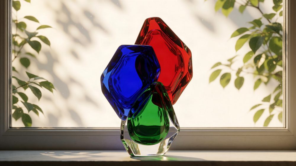 Escultura abstracta de vidro azul, vermelho e verde na janela com folhas em sombra