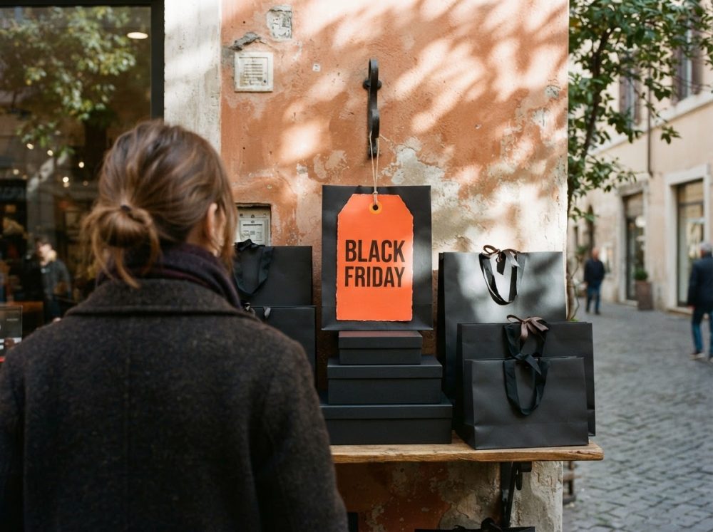 Pessoa de costas observa sacolas pretas com placa Black Friday laranja numa parede antiga na rua
