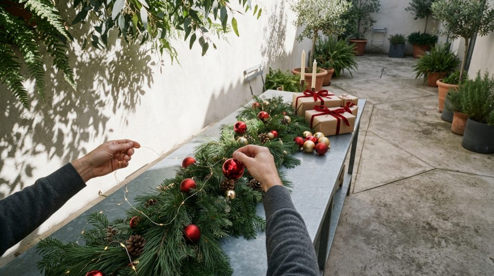 Guirlanda de Natal verde decorada com bolas vermelhas e douradas e presentes numa mesa metálica num pátio com vasos de plantas.