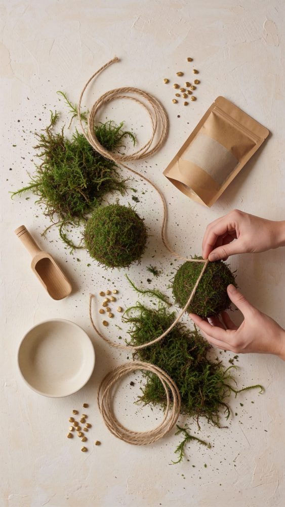 Mãos a amarrar bola de musgo com corda, sementes, pá de madeira e saco de papel para jardinagem