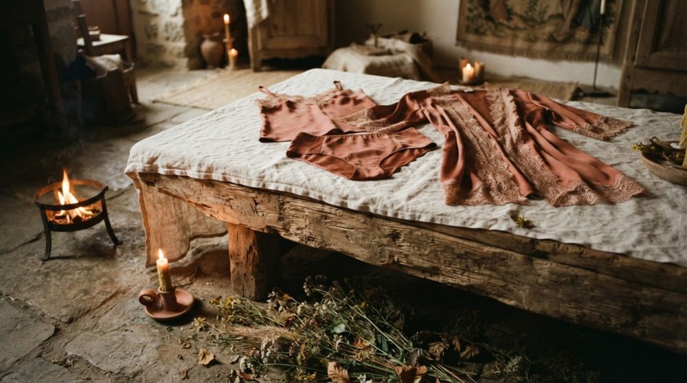 Conjunto lingerie terra com renda sobre cama rústica em quarto com velas acesas