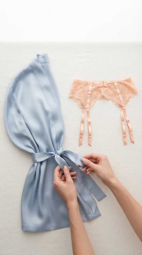 Mãos a atar cinta de robe azul com cinta-liga de renda cor de pêssego ao lado