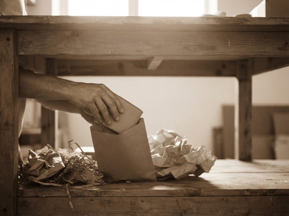 Pessoa a colocar envelope num saco de papel sobre mesa de madeira com papel de embalagem