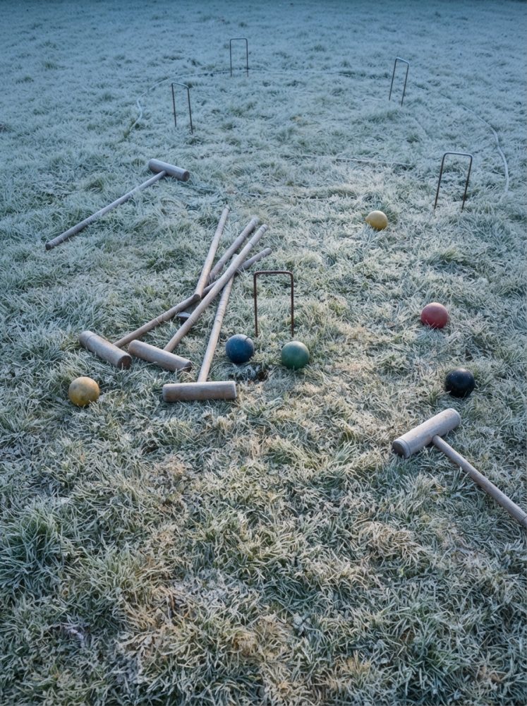 Jogo de croquet com tacos e bolas coloridas sobre relva coberta de geada