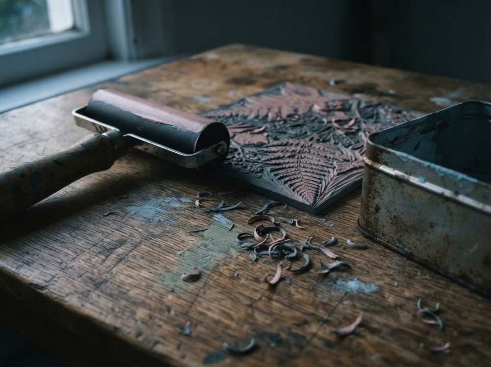 Rolo de linóleo, matriz de gravura com desenhos de folhas e aparas numa mesa de madeira