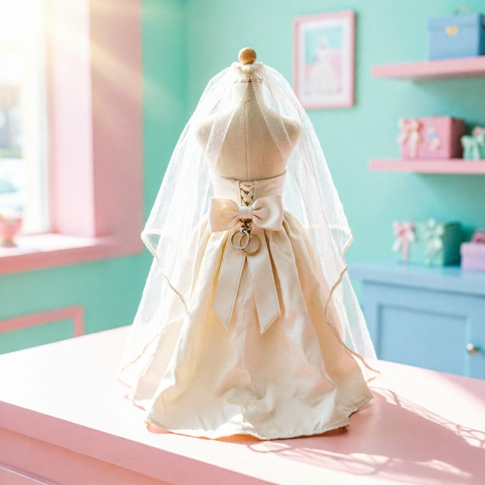 Manequim com vestido creme de noiva, véu de tule e duas alianças penduradas, em fundo colorido pastel