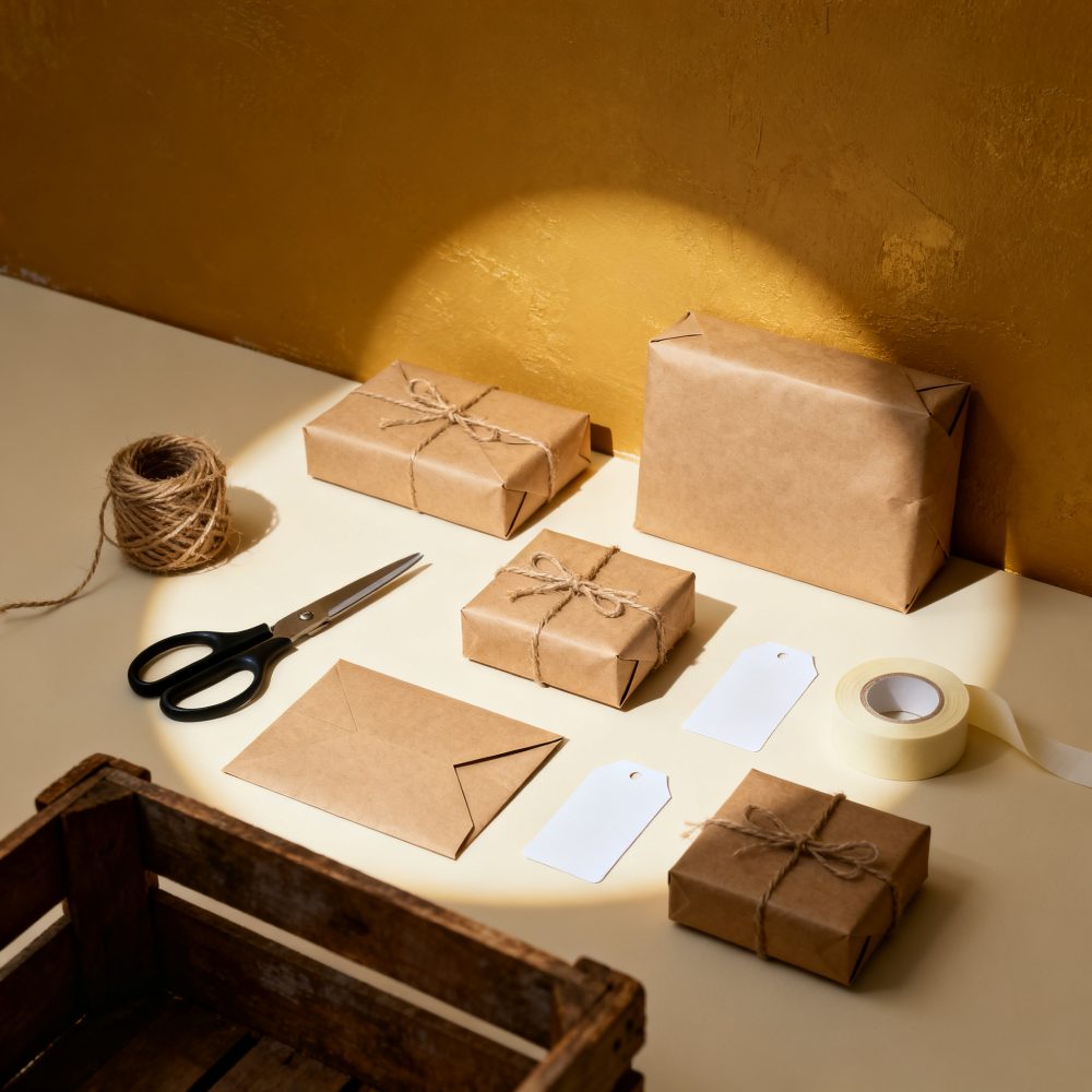 Materiais para embalagem com papel kraft, cordão, fita adesiva, tesoura e etiquetas brancas