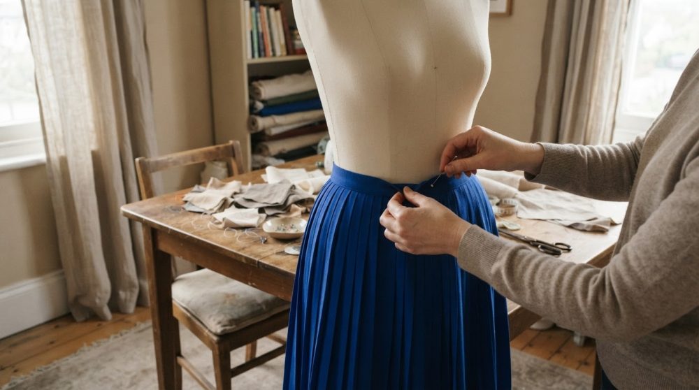 Mãos prendem saia plissada azul num manequim em atelier de costura com mesa e tecidos ao fundo