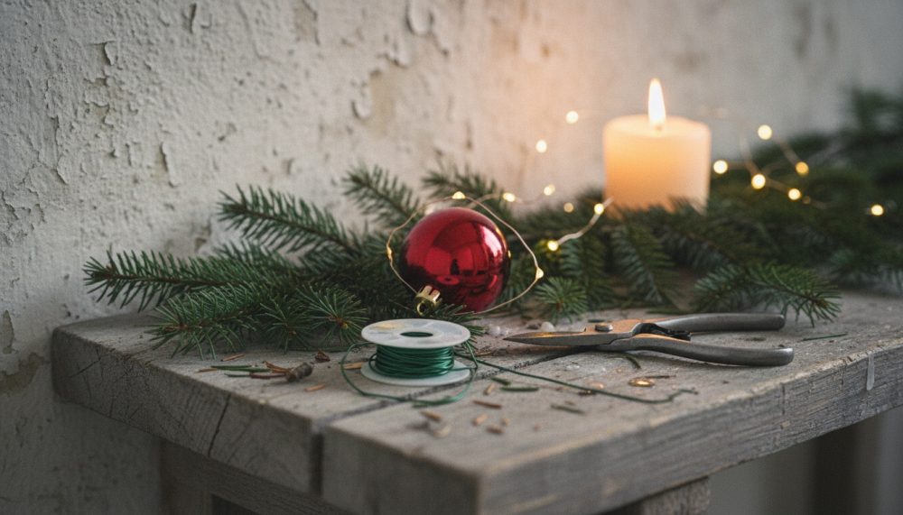 Mesa rústica com ramo de pinheiro, bola vermelha, vela acesa e ferramentas de artesanato de Natal
