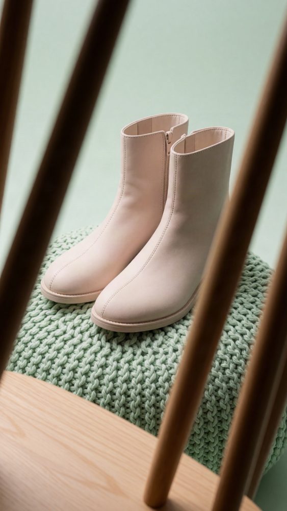 Botins bege claros sobre almofada tricotada verde com estrutura de madeira ao redor