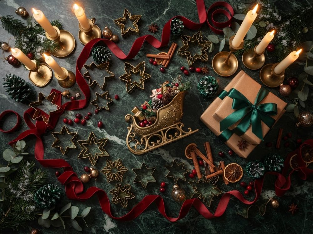 Velas acesas, moldes de bolachas, pinhas, ramos verdes e presentes com fita verde para Natal