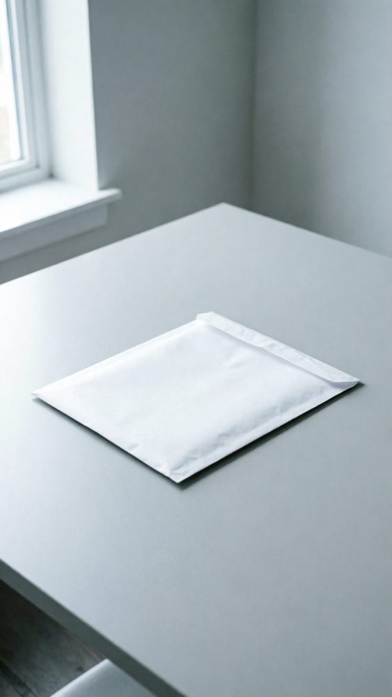 Envelope metálico acolchoado branco sobre mesa cinza próximo a janela