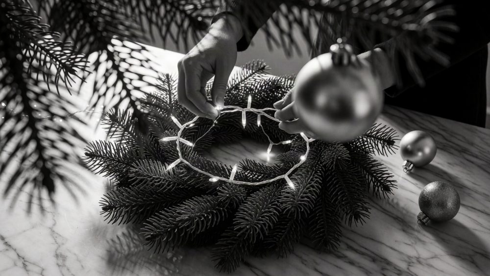 Mãos decorando guirlanda de pinheiro com luzes LED e bolas de Natal sob iluminação suave